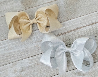 Metallic 4" Boutique Bow - 4 Inch Gold or Silver Bow - Sparkly Bow - New Year's Eve Hair Bow - Girl Hair Bow - Glitter Gold Bow