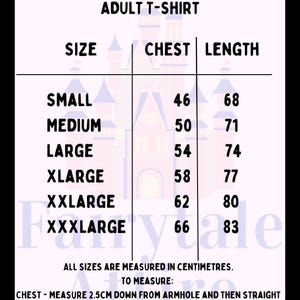 May include: Size chart for adult t-shirts, with chest and length measurements in centimeters. Sizes range from Small to XXXLarge. Instructions are included for measuring chest and length. The chart is on a white background with a black border.