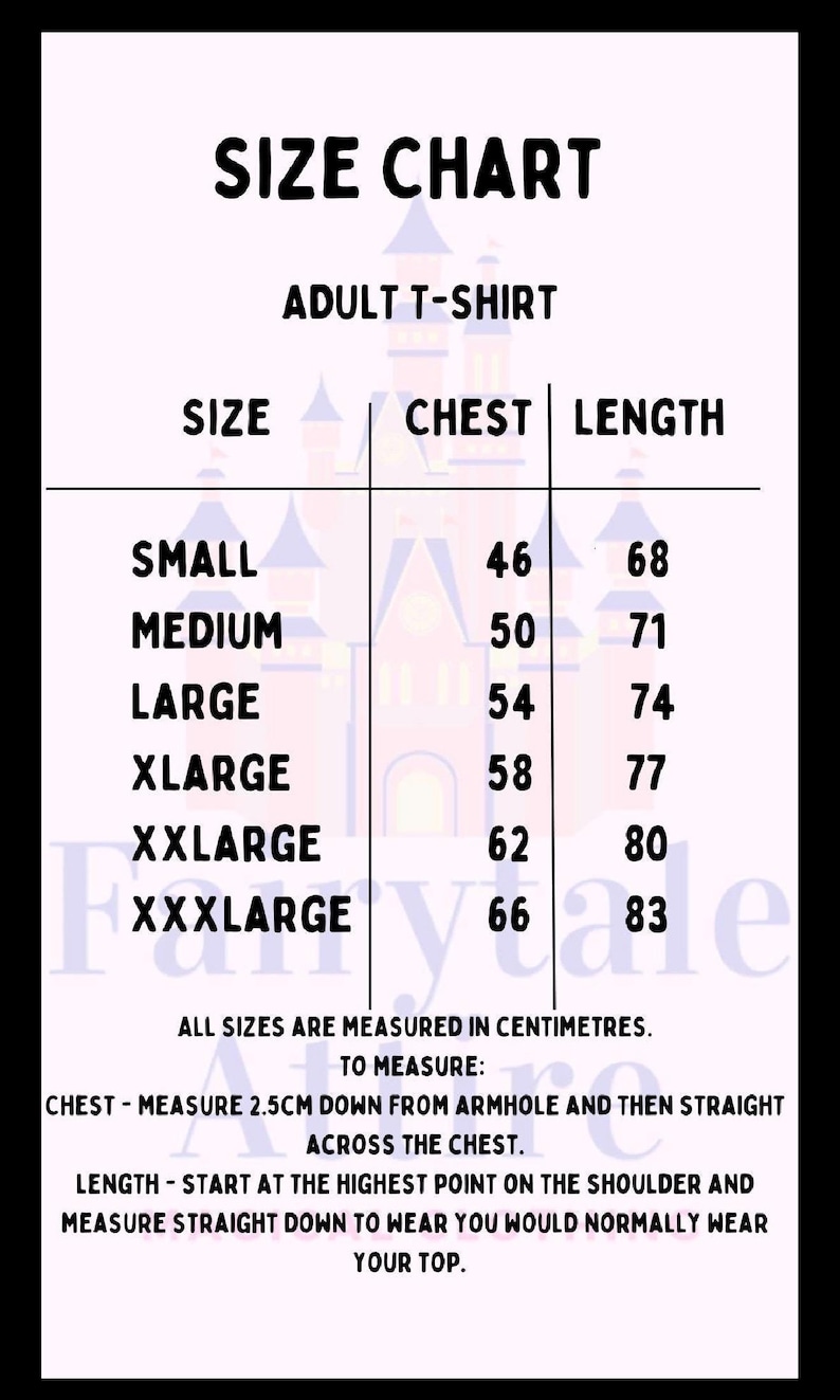 May include: Size chart for adult t-shirts, with chest and length measurements in centimeters. Sizes range from Small to XXXLarge. Instructions are included for measuring chest and length. The chart is on a white background with a black border.