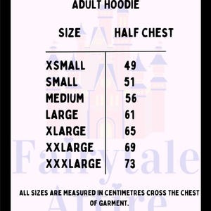 May include: Size chart for an adult hoodie, with sizes ranging from XSmall to XXXLarge. Measurements are in centimeters across the chest. Includes instructions on how to measure the chest for accurate sizing. The chart also provides a rough guide to women's UK sizes.