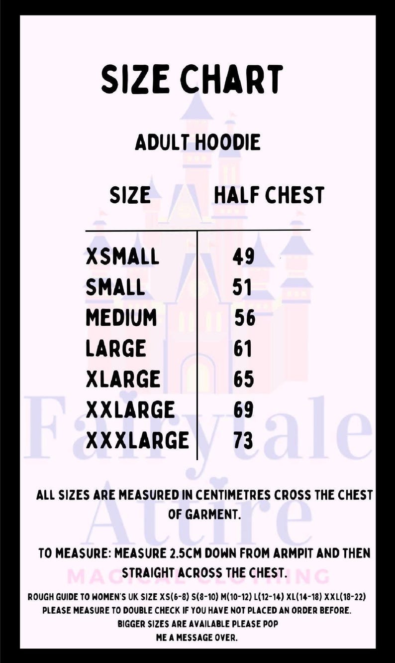 May include: Size chart for an adult hoodie, with sizes ranging from XSmall to XXXLarge. Measurements are in centimeters across the chest. Includes instructions on how to measure the chest for accurate sizing. The chart also provides a rough guide to women's UK sizes.
