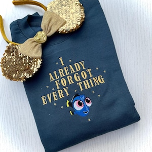 May include: A navy blue sweatshirt with gold embroidered text reading "I ALREADY FORGOT EVERYTHING" and a cartoon fish. A gold sequined headband with a burlap bow is on the top left.