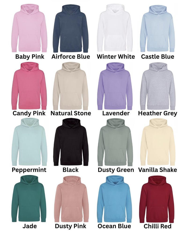 Puede incluir: Una colecci&oacute;n de sudaderas con capucha en varios colores, incluyendo rosa beb&eacute;, azul marino, blanco invierno y azul cielo. Otros colores son rosa chicle, piedra natural, lavanda, gris jaspeado, menta, negro, verde polvoriento, vainilla, jade, rosa polvoriento, azul oc&eacute;ano y rojo chili.