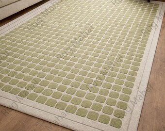 Hand Tufted Wool Rug, Geometric Scandinavian Minimalist Home Decor, Green Ivory Carpet