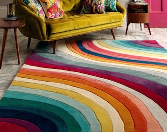 Alfombra arcoíris tejida a mano, alfombra de lana abstracta retro, alfombra colorida de diseño curvo moderno, alfombra de diseño multicolor, alfombra llamativa, alfombra personalizada