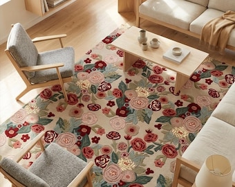 Hand Tufted Floral Rug Handmade Wool Rug Botanical Area Rug Custom Tufted Rug, Flower Pattern Rug Living Room Rug Handmade Carpet Modern Rug