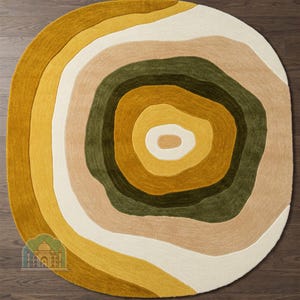 Hand-Tufted Wool Rug Earth Tone Abstract Round Rug Modern Boho Scandinavian Home Decor Organic Shape Area Rug for Living Room Bedroom Office