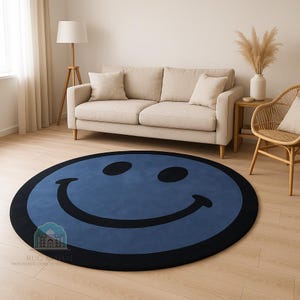 Hand-Tufted Wool Smiley Face Rug, Modern Kids Room Decor, Round Blue Rug, Playful Nursery, Soft Durable Wool, Kids&#39; Room, Living Space