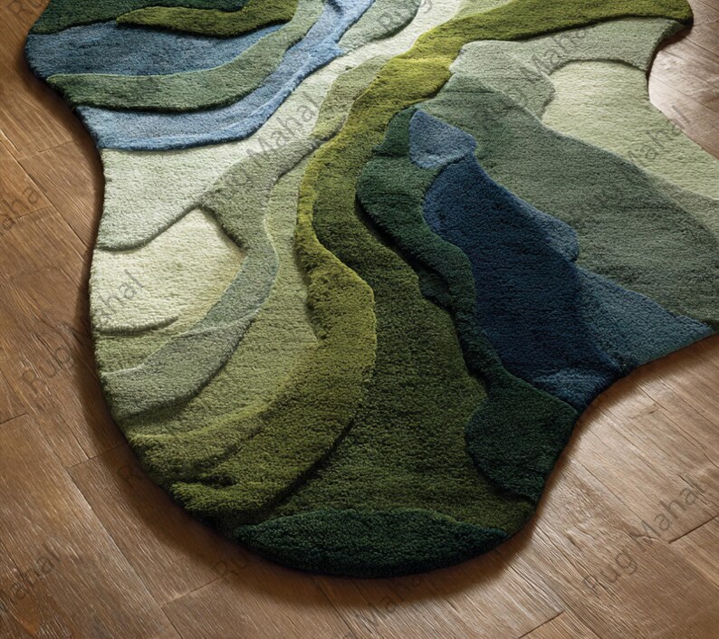 River Terrain Rug – Irregular Shape Wool Rug, 3D Carved Modern Rug, Nature Inspired Luxury Area Rug