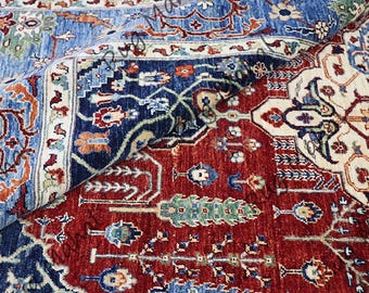 Hand-Knotted Wool Rug | Red, Blue Oriental Persian Style 8x10
