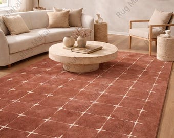 Tappeto in terracotta con motivo a griglia bianca, tappeto Japandi moderno, tappeto per soggiorno color arancione ruggine, arredamento minimalista e contemporaneo per la casa