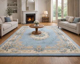 Blue Floral Area Rug, Traditional Classic Rug, Vintage Style Living Room Rug, Elegant Persian Inspired Rug, Timeless Home Decor