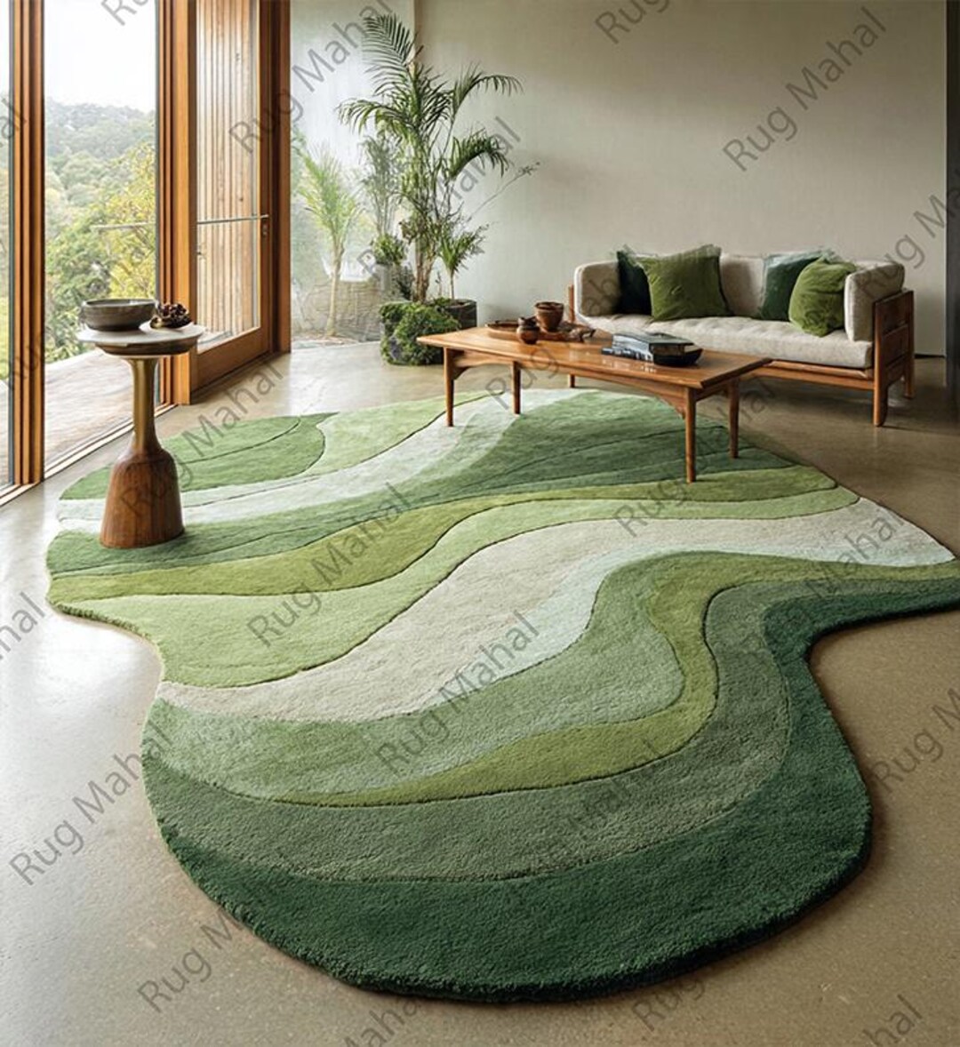 Green Horizon Rug – Moss Green Abstract Rug, Hand Tufted Wool Rug, 3D ...