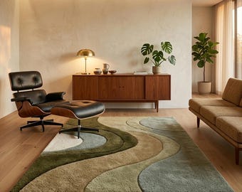 Hand Tufted Wool Rug, Mid Century Modern Organic Wave, Sage Green Beige Carpet