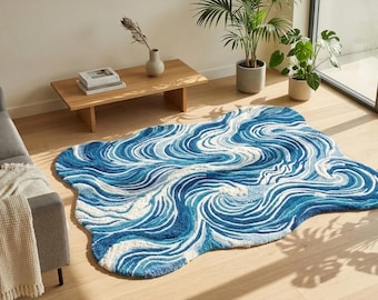 Alfombra abstracta de ondas tejida a mano, alfombra de forma irregular, alfombra inspirada en el océano, alfombra moderna azul, alfombra de lana hecha a mano, alfombra artística, alfombra de diseño personalizada