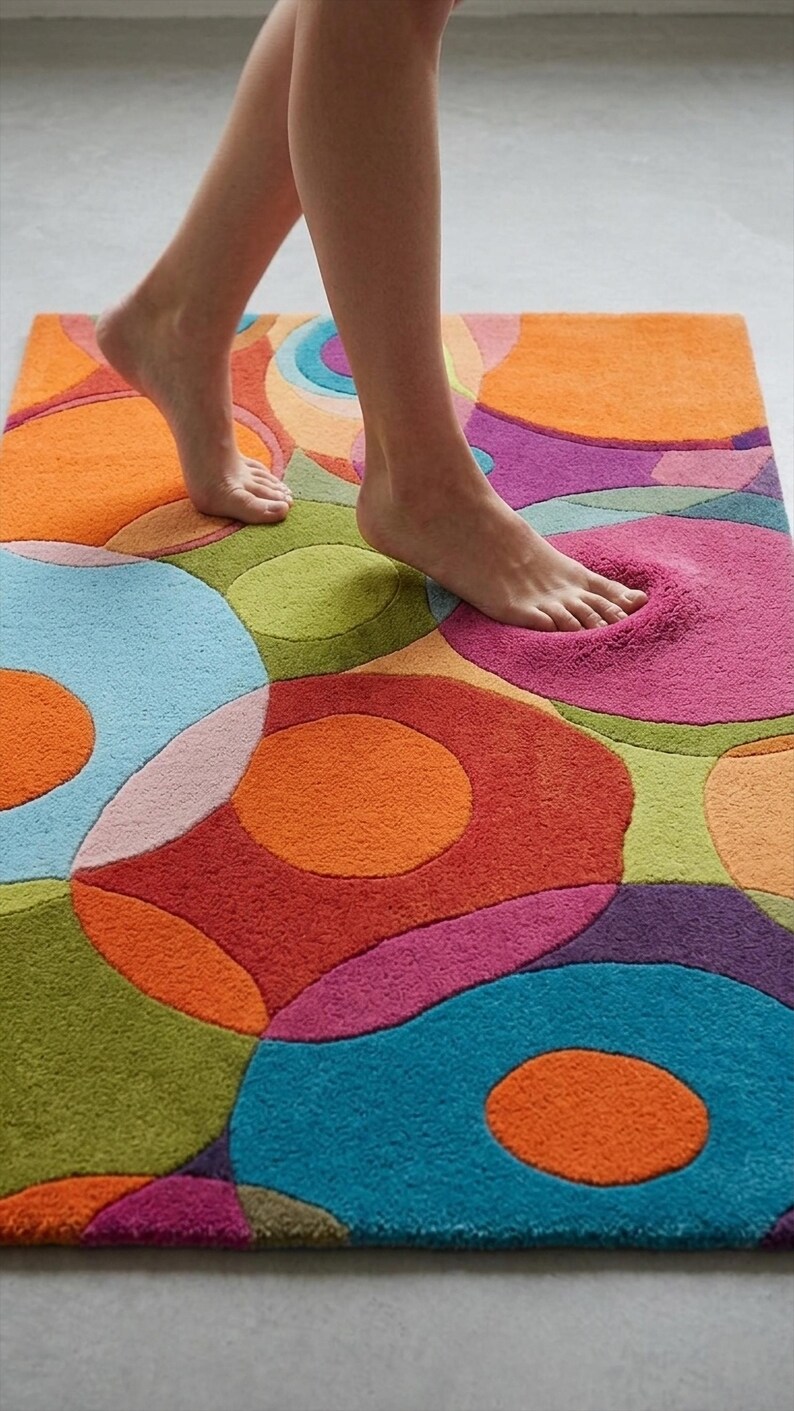 Puede incluir: Una alfombra de ba&ntilde;o rectangular con un dise&ntilde;o vibrante de c&iacute;rculos superpuestos en tonos naranja, rosa, azul, verde y morado. La alfombra de felpa mide aproximadamente 76 cm de largo y 51 cm de ancho.