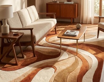 Mid Century Modern Abstract Rug, Retro Wave Area Rug, Rust Beige Wool Rug, Organic Shape Living Room Carpet, Hand Tufted Rug
