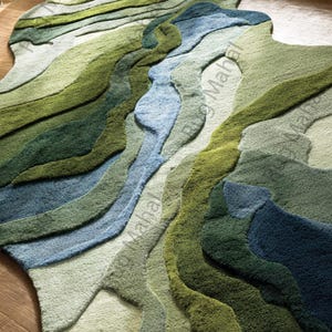 River Terrain Rug – Irregular Shape Wool Rug, 3D Carved Modern Rug, Nature Inspired Luxury Area Rug