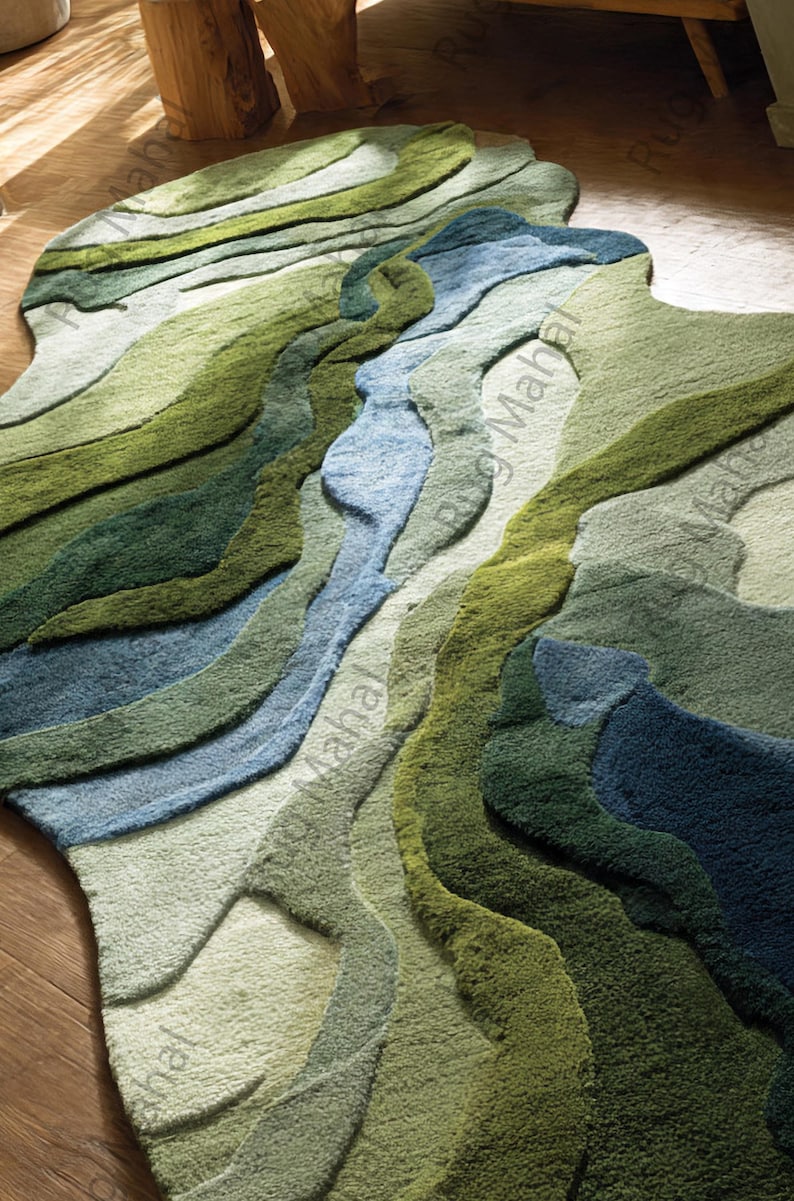 River Terrain Rug – Irregular Shape Wool Rug, 3D Carved Modern Rug, Nature Inspired Luxury Area Rug