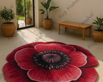 Hand Tufted Wool Flower Rug | Red Floral Accent Rug