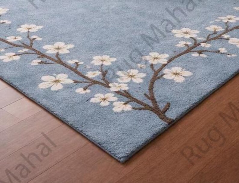 Hand Tufted Wool Area Rug Floral Blue Design, Modern Carpet for Living ...
