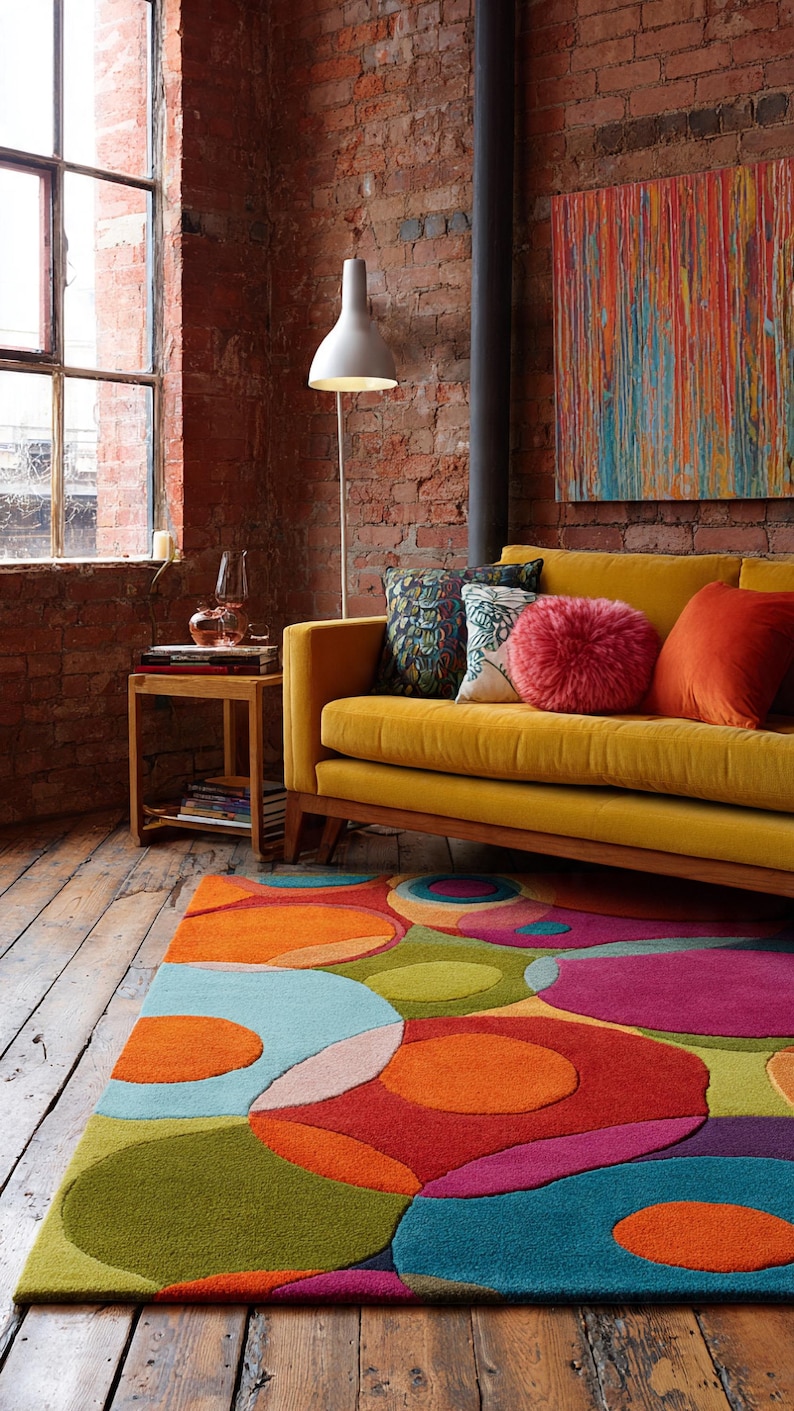 Modern living room featuring a colorful abstract hand tufted rug with bold geometric shapes and vibrant tones.