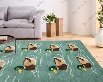 Tappeto in lana con motivo a papera annodato a mano, tappeto moderno con animali, arredamento verde per la casa