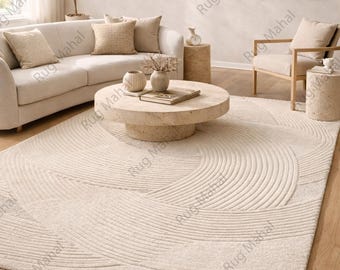Tappeto moderno con texture color avorio, tappeto minimalista astratto scolpito, tappeto per soggiorno organico Japandi, arredamento neutro scandinavo