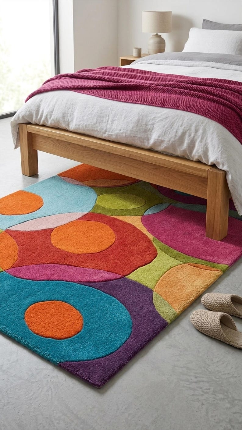 Colorful rug partially placed under a bed adding warmth and personality.