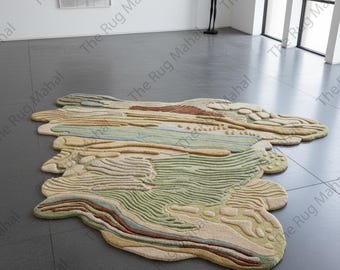 Hand Tufted Organic Wool Rug, Sculpted Landscape Area Rug, Modern Abstract High Low Pile Designer Carpet, Living rooms, Bedrooms,
