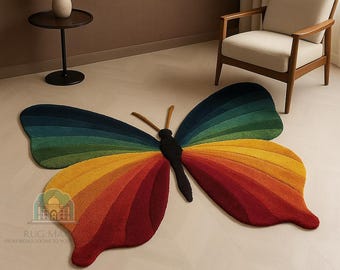 Hand-Tufted Wool Butterfly Rug – Rainbow Gradient, Whimsical Decor