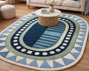 Oval Blau Grün Geometrischer Teppich, Moderner Ovaler Teppich, Abstrakter Teppich für Wohnzimmer, Modernes Wohndekor