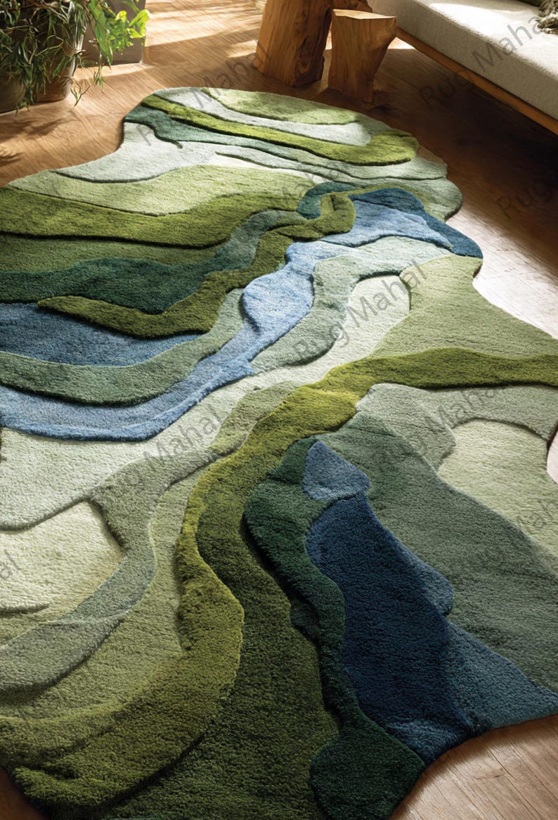 River Terrain Rug – Irregular Shape Wool Rug, 3D Carved Modern Rug, Nature Inspired Luxury Area Rug
