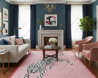 Pink Leopard Wool Rug | Hand-Knotted Animal Print Carpet for Living Room and Bedroom | Modern Boho Designer Wool Area Rug 8x10