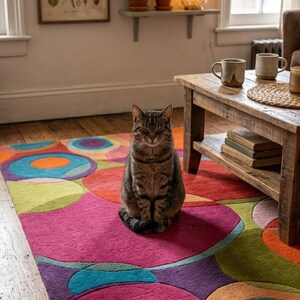 Cat relaxing on soft textured colorful rug showing cozy surface.