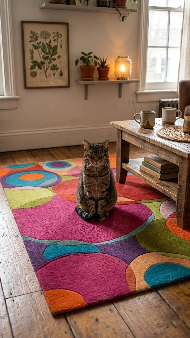 Cat relaxing on soft textured colorful rug showing cozy surface.