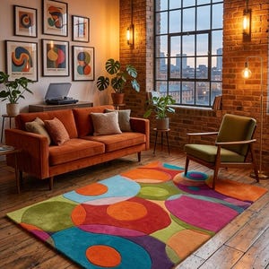 Colorful rug styled in a bright interior with plants and natural decor elements.