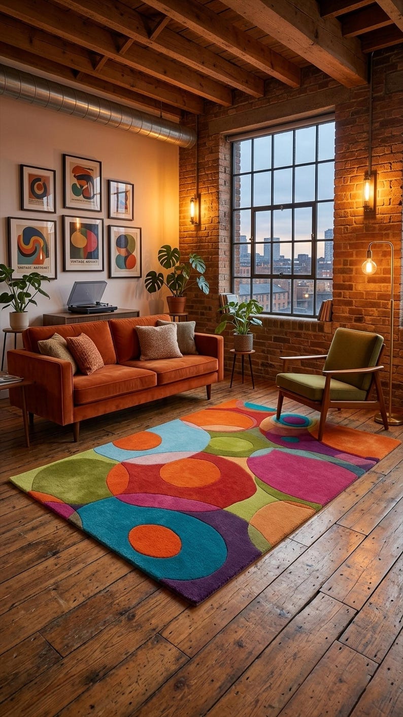 Colorful rug styled in a bright interior with plants and natural decor elements.