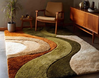 Retro Abstract Area Rug, 70s Mid Century Modern Rug, Olive Green Burnt Orange Cream Wool Carpet, Hand Tufted Living Room Rug Custom Size