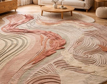 Abstract Shaped Area Rug, Organic Modern Rug, Sculpted Textured Carpet, Boho Designer Living Room Rug