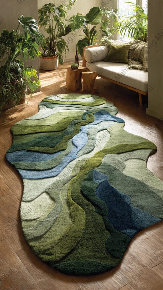 River Terrain Rug – Irregular Shape Wool Rug gifte fully, 3D Carved Modern Rug, Nature Inspired Luxury Area Rug gif te