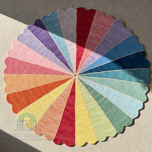 Hand-Tufted Wool Rainbow Rug | Round Kids Playroom Carpet with Scalloped Edges Bright Spectrum Modern Decor Soft and Durable Gift Idea