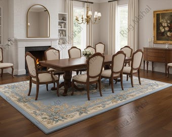 Blue Floral Area Rug, Traditional Classic Rug, Vintage Style Living Room Rug, Elegant Persian Inspired Rug, Timeless Home Decor