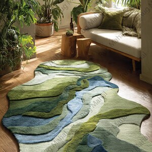 River Terrain Rug – Irregular Shape Wool Rug, 3D Carved Modern Rug, Nature Inspired Luxury Area Rug