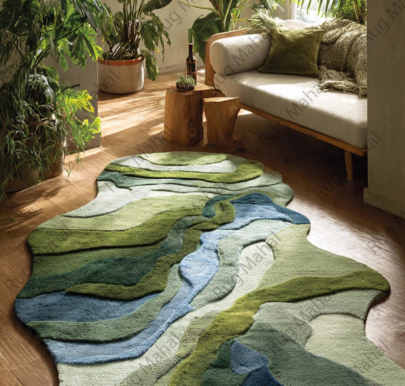 River Terrain Rug – Irregular Shape Wool Rug, 3D Carved Modern Rug, Nature Inspired Luxury Area Rug