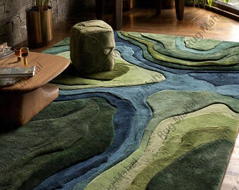 Emerald Delta Rug – Green Blue Abstract Rug, Hand Tufted Wool Rug, 3D Carved Organic Shape Rug, Modern Luxury Area Rug