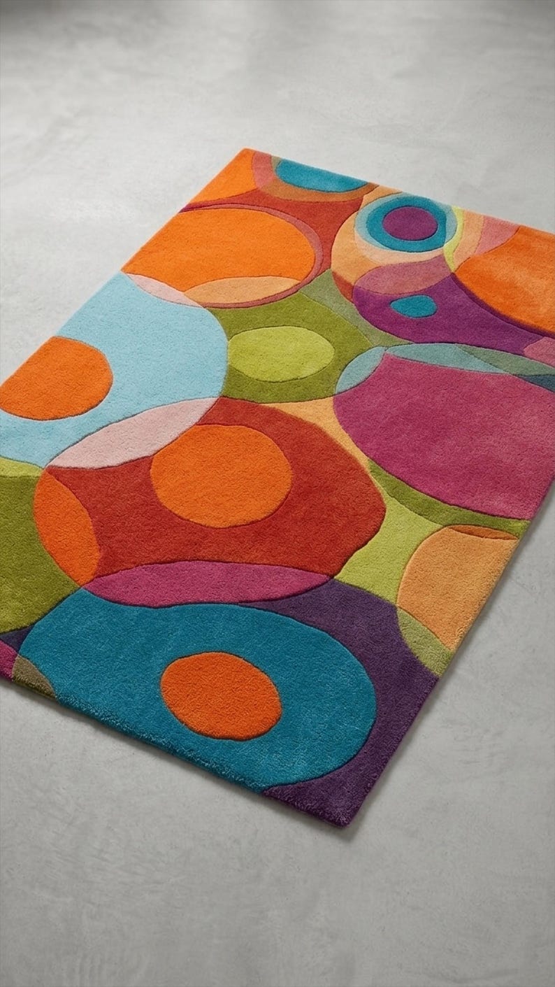 Angled view of colorful rug highlighting layered shapes and plush textured surface.