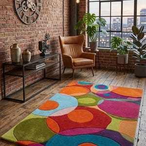 Colorful rug styled in a bright interior brick wall with plants and natural decor elements.