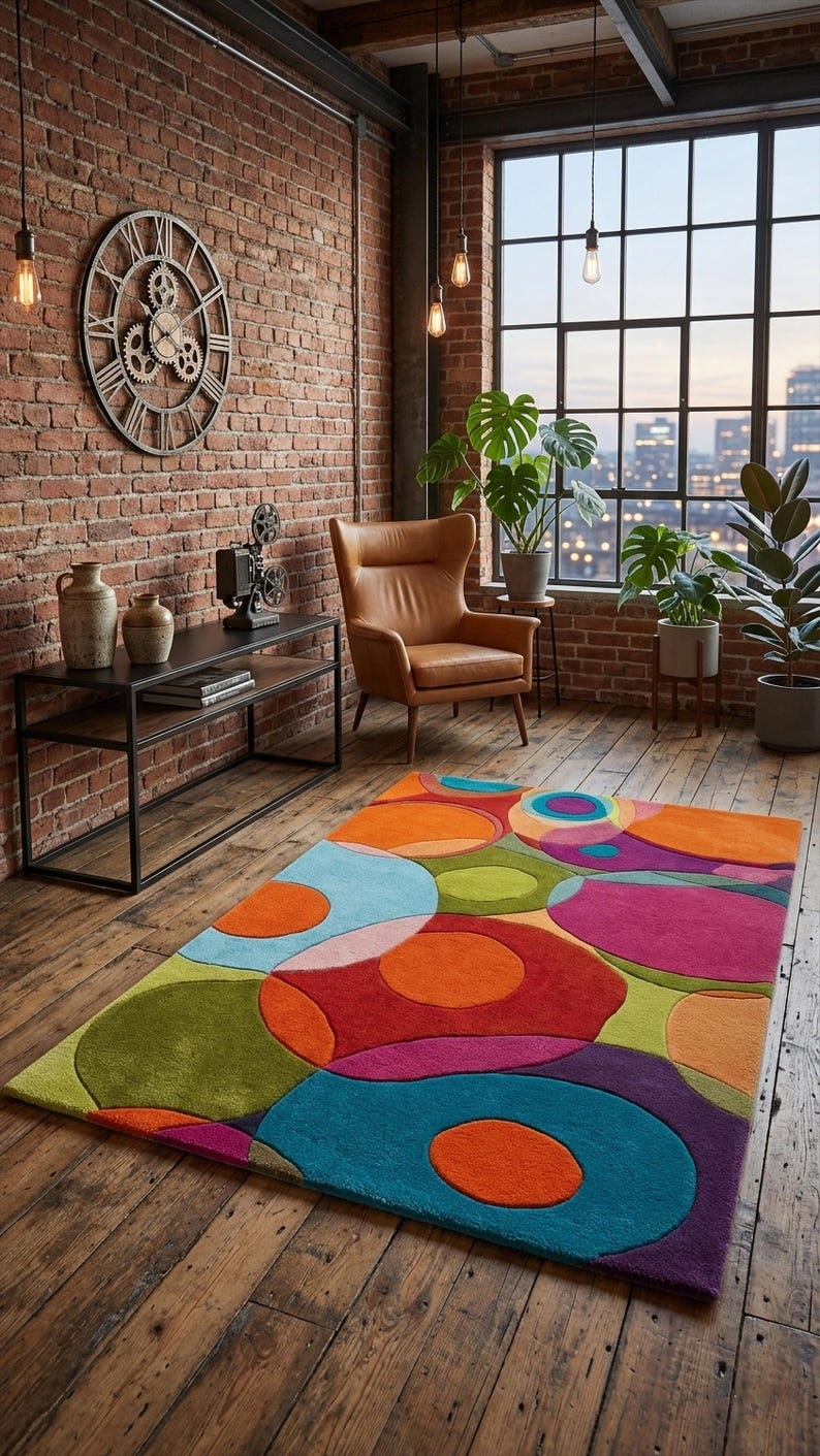 Colorful rug styled in a bright interior brick wall with plants and natural decor elements.