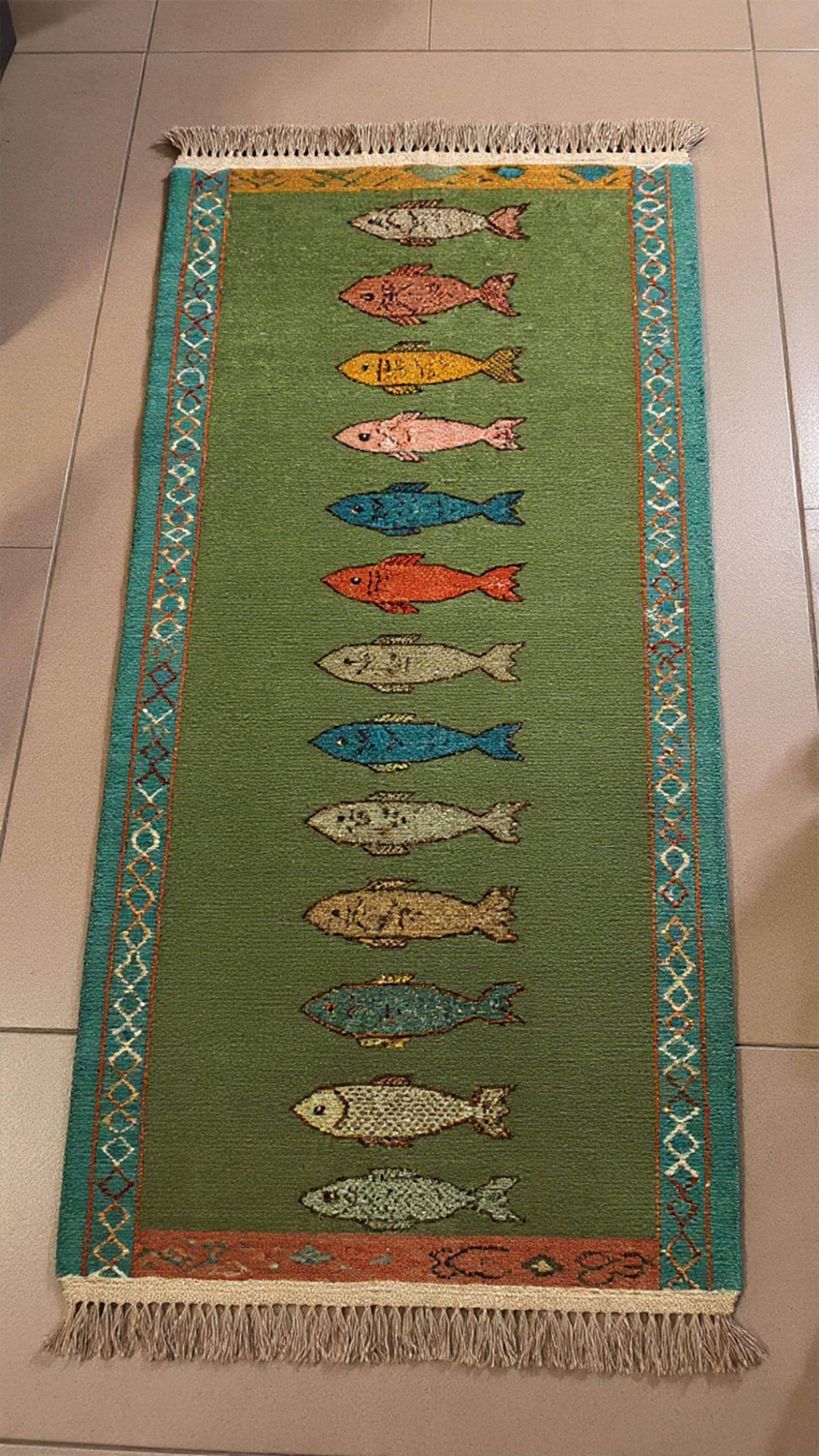 Koi Fish Runner Rug: Green Colorful Carpet Handmade Wool Area Rug - Etsy